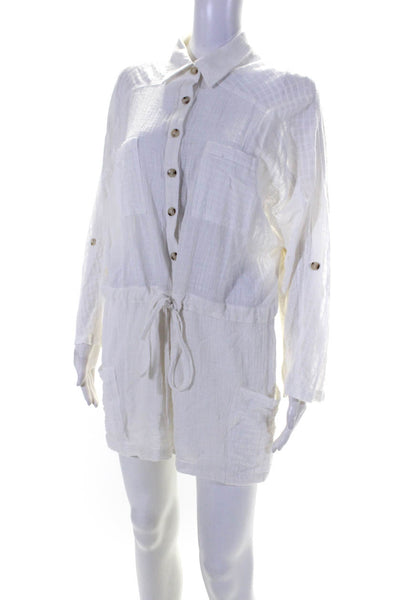 The Sang Women's Long Sleeves Half Button Up Cinch Waist Romper White Size L