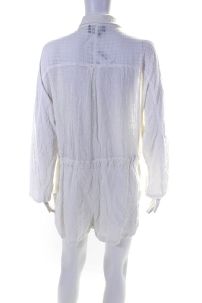 The Sang Women's Long Sleeves Half Button Up Cinch Waist Romper White Size L