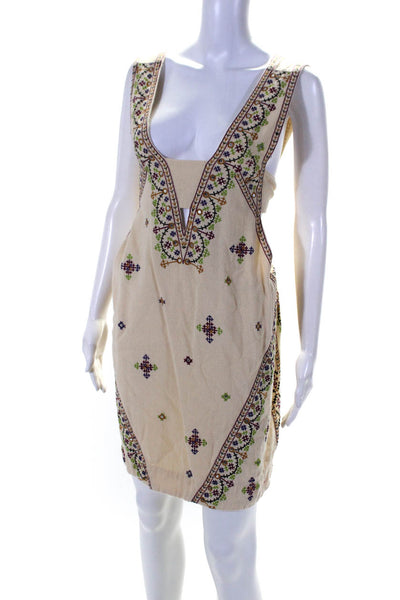 Free People Women's V-Neck Sleeveless Embroidered Mini Dress Beige Size L