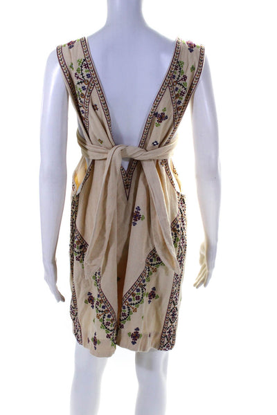 Free People Women's V-Neck Sleeveless Embroidered Mini Dress Beige Size L