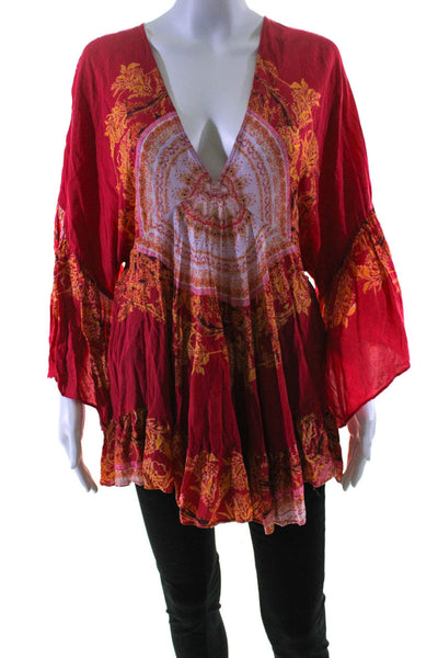 Free People Womens V Neck Ruffle Trim Abstract Print Blouse Red Size M