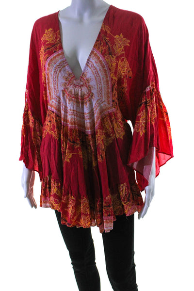 Free People Womens V Neck Ruffle Trim Abstract Print Blouse Red Size M