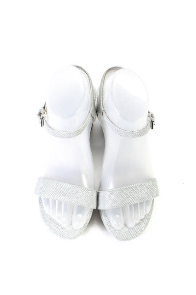 Stuart Weitzman Womens Glitter Print Open Toe Buckled Wedge Heels Silver Size 4