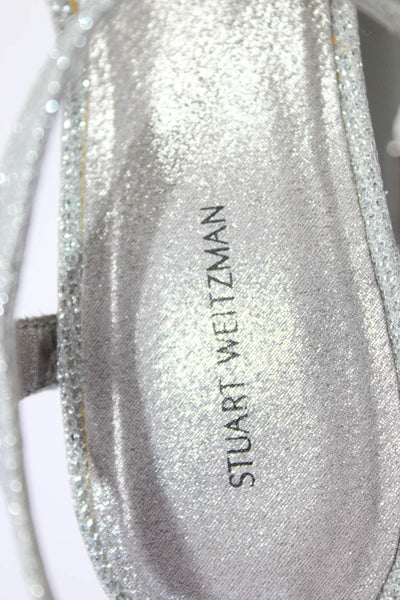 Stuart Weitzman Womens Glitter Print Open Toe Buckled Wedge Heels Silver Size 4