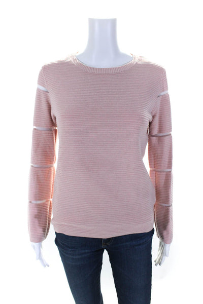 529 Womens Long Sleeve Open Knit Trim Ribbed Sweatshirt Pink Size Small