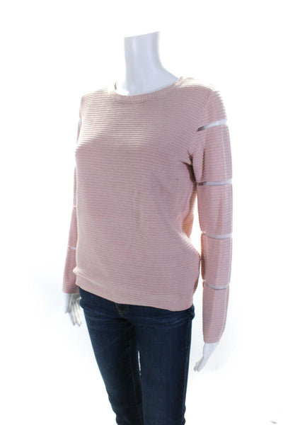 529 Womens Long Sleeve Open Knit Trim Ribbed Sweatshirt Pink Size Small