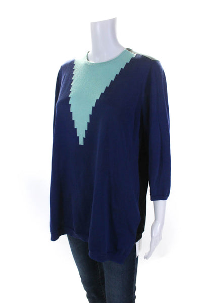 Pringle of Scotland Womens Half Sleeve Crew Neck Knit Shirt Navy Turquoise Large