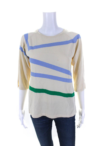529 Womens Half Sleeve Round Neck Striped Knit Shirt White Blue Green Size 1