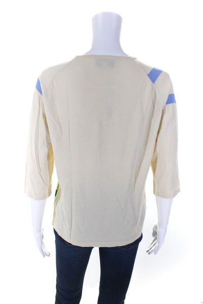 529 Womens Half Sleeve Round Neck Striped Knit Shirt White Blue Green Size 1