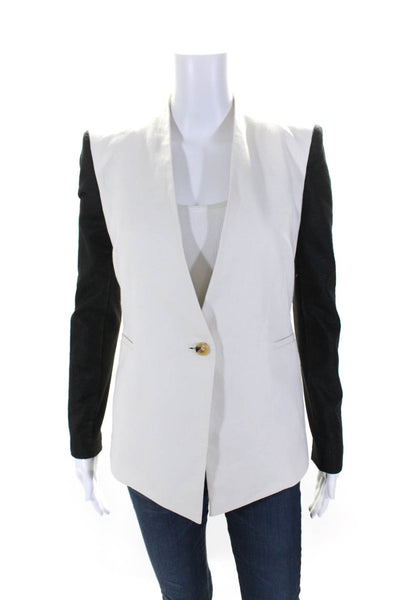 Helmut Lang Womens Single Button Deep V Neck Blazer Jacket White Navy Size 0