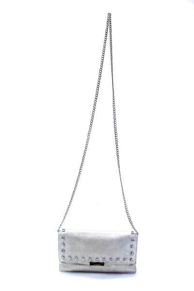 Loeffler Randall Womens Metallic Crystal Trim Flap Clutch Handbag Silver Leather