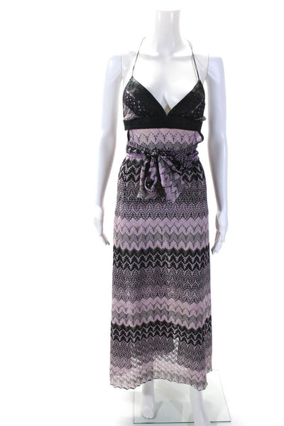 Kasia De Gelaque Womens Purple Printed V-Neck Sleeveless Belt Midi Dress Size S