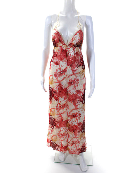 Kasia De Gelaque Womens Red Sequins Floral Print Sleeveless Maxi Dress Size S