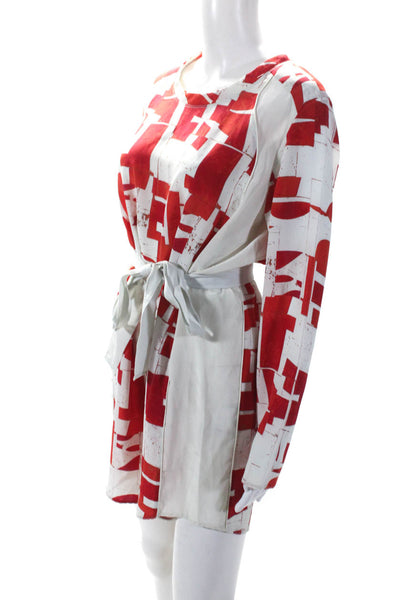 IRO Womens Long Sleeve Scoop Neck Belted Printed Silk Dress White Red Size FR 36