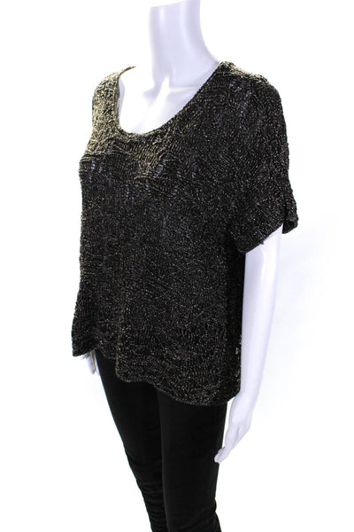 Eileen Fisher Womens Metallic Short Sleeve Knit Blouse Brown Size M