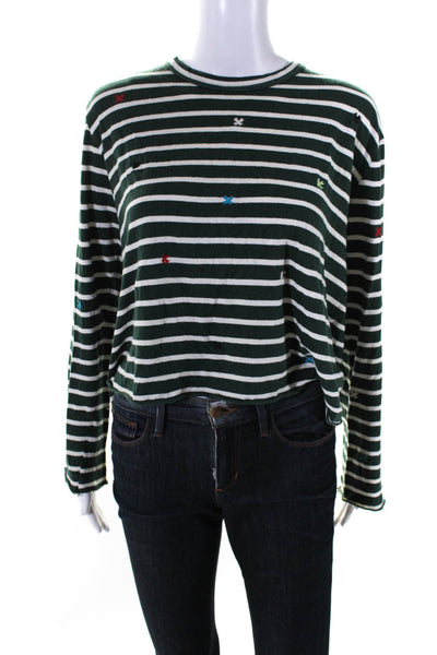 The Great Womens Long Sleeve Striped Embroidered T shirt Green Size 2