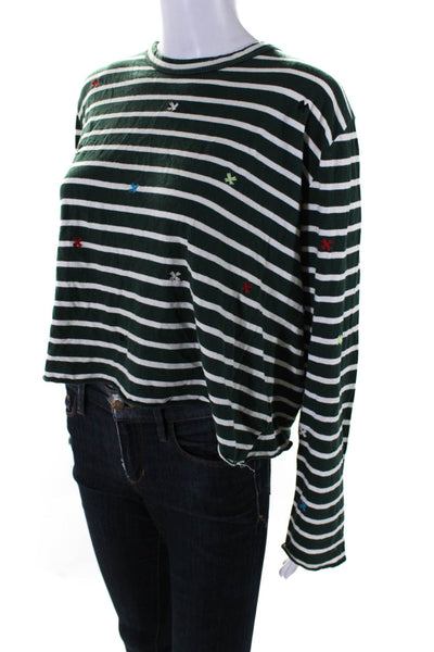 The Great Womens Long Sleeve Striped Embroidered T shirt Green Size 2