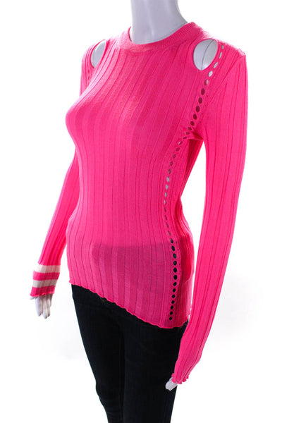 Maggie Marilyn Womens Round Neck Long Sleeves Distress Ribbed Sweater Pink Size