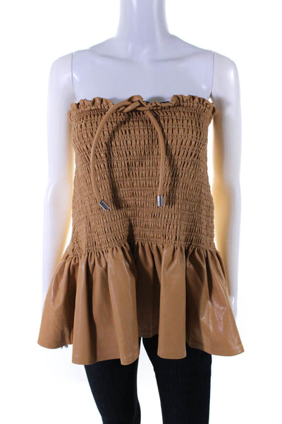 ALC Women's Square Neck Smocked Peplum Faux Leather Blouse Camel Size 4