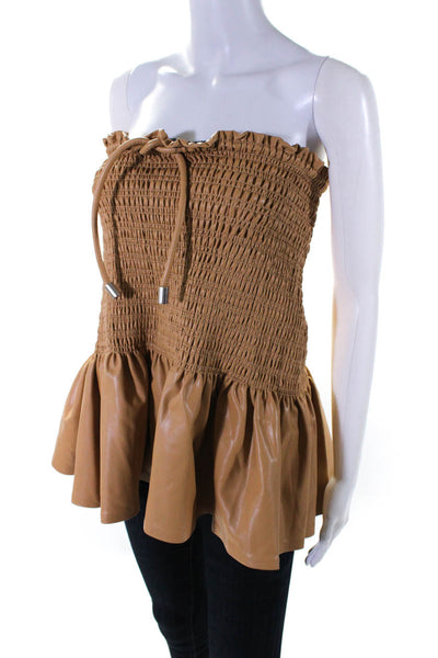 ALC Women's Square Neck Smocked Peplum Faux Leather Blouse Camel Size 4