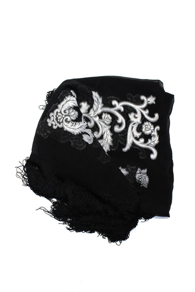 Designer Womens Black Silver Floral Printed Sheer Fringe Scarf