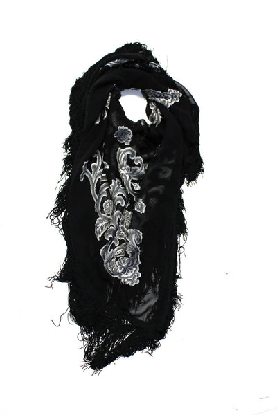 Designer Womens Black Silver Floral Printed Sheer Fringe Scarf