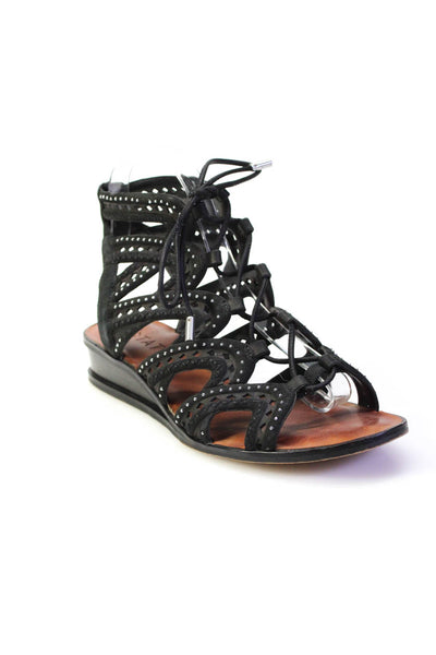 1. State Womens Wedge Heel Studded Laser Cut Strappy Sandals Black Suede 7.5M