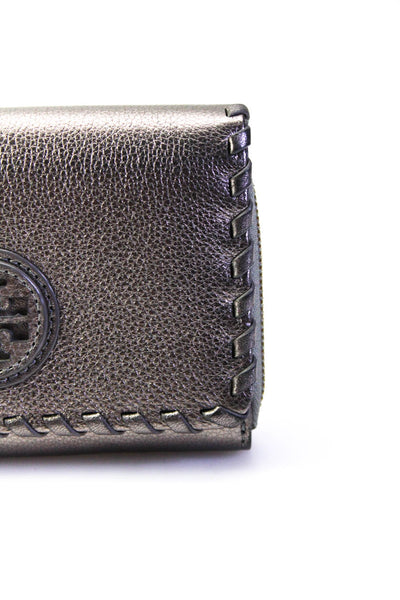 Tory Burch Womens Zip Around Logo Metallic Marion Envelope Wallet Silver Leather