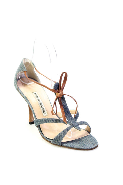 Manolo Blahnik Womens Blue Leather Denim Strappy High Heels Sandals Shoes Size 8