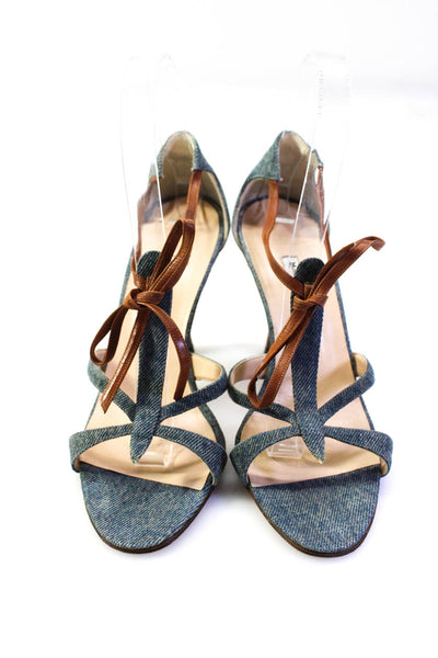 Manolo Blahnik Womens Blue Leather Denim Strappy High Heels Sandals Shoes Size 8