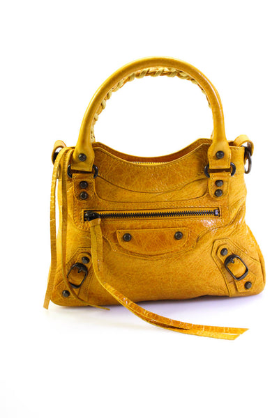 Balenciaga Womens Pocket Front Mini Classic City Sack Handbag Yellow Leather
