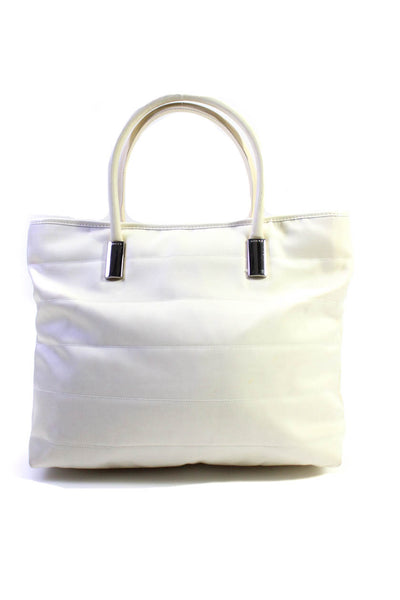 Gucci Womens Quilted Twill Patent Leather Top Handle Tote Bag White Handbag