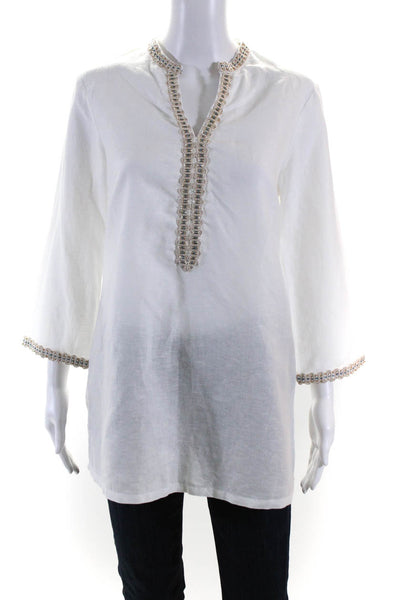 J. Mclaughlin Womens White Linen Embellished V-Neck Tunic Blouse Top Size S