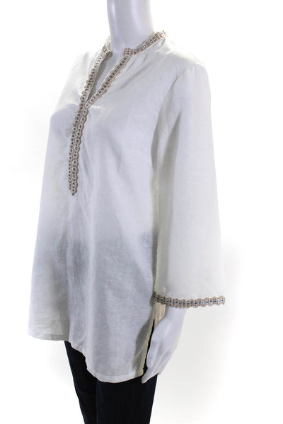 J. Mclaughlin Womens White Linen Embellished V-Neck Tunic Blouse Top Size S