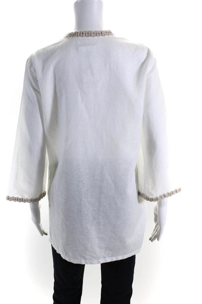 J. Mclaughlin Womens White Linen Embellished V-Neck Tunic Blouse Top Size S