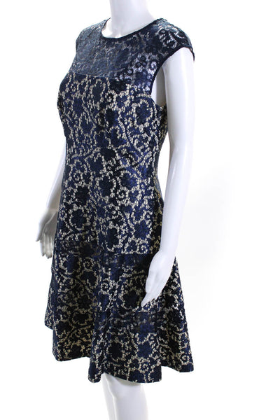 Kay Unger Womens Blue Lace Crew Neck Sleeveless Fit & Flare Dress Size 8