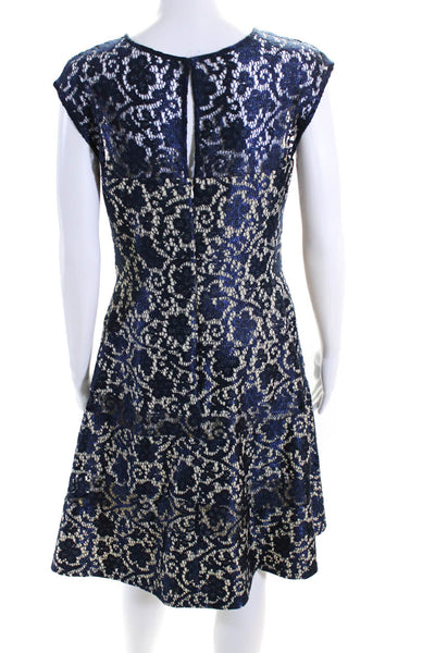Kay Unger Womens Blue Lace Crew Neck Sleeveless Fit & Flare Dress Size 8