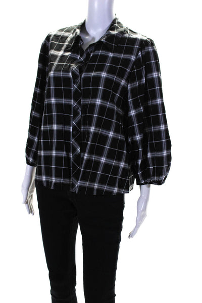 Drew Women's Long Sleeves Collared Button Down Black Plaid Blouse Size L