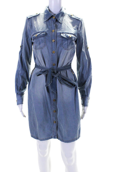 Tory Burch Womens Chambray Long Sleeves Belted Shirt Dress Blue Cotton Size 6