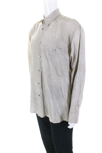 Viva Seta Mens Vintage Geometric Print Silk Satin Button Up Shirt Beige Large