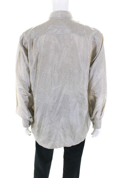 Viva Seta Mens Vintage Geometric Print Silk Satin Button Up Shirt Beige Large