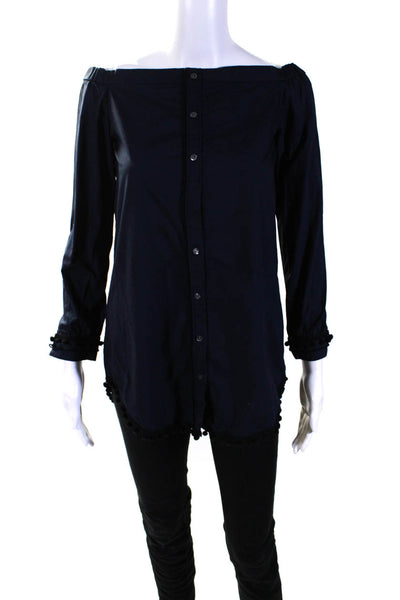 Derek Lam 10 Crosby Womens Cotton Off The Shoulder Button Up Shirt Blue Size 0