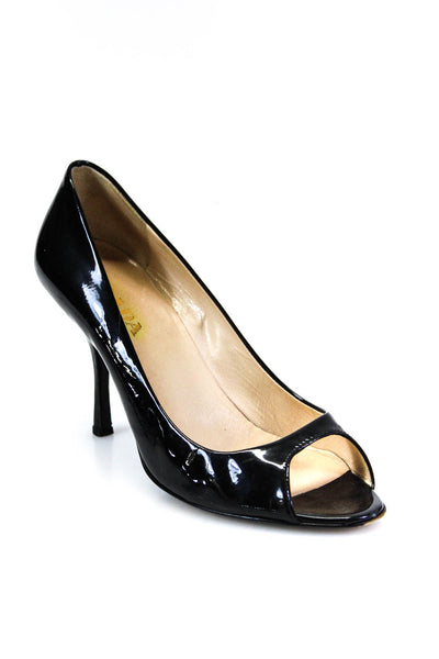 Prada Womens Patent Leather Peep Toe Mid Stiletto Heel Pumps Black Size 6US 36EU