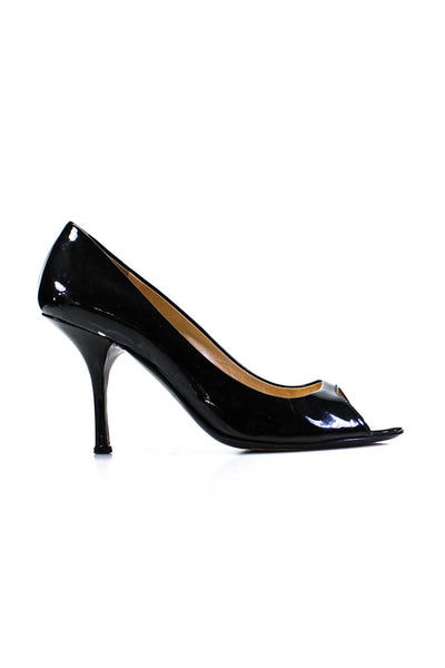 Prada Womens Patent Leather Peep Toe Mid Stiletto Heel Pumps Black Size 6US 36EU