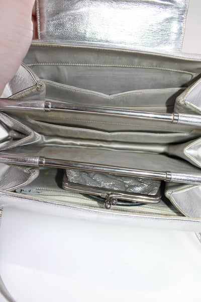 Judith Leiber Womens Metallic Jeweled Push Lock Top Handle Handbag Silver