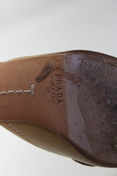 Prada Womens Block Heel Buckle Bit Square Toe Mules Pumps Brown Leather Size 39