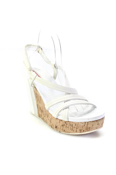 Prada Sport Womens Wedge Heel Platform Strappy Sandals White Patent Size 38.5