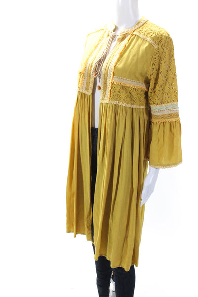 bl^nk Womens 3/4 Sleeve Tie Neck Embroidered Cover Up Dress Yellow Size Small