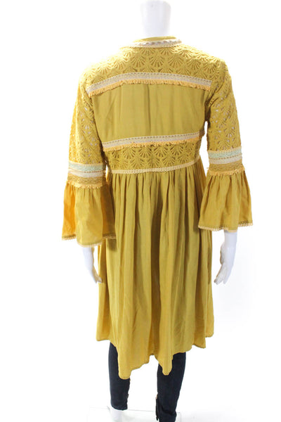 bl^nk Womens 3/4 Sleeve Tie Neck Embroidered Cover Up Dress Yellow Size Small