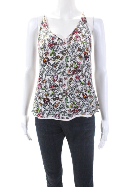 L'Agence Womens Silk Chiffon Floral Print V-Neck Camisole Tank White Size XS